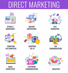 Direct marketing. Email, Mailing advertising, catalog and telemarketing.