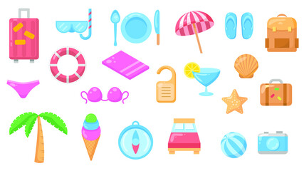 Set Abstract Collection Flat Cartoon  Different Color Travel Tourism Umbrella Banties Bra Bed Camera Palm Tree Plate Ball Glass Shell Suitcase Concept Vector Design Style Elements With Shadows