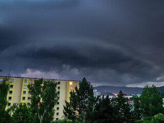 Shelf cloud over the city Usti nad Labem. Long exposure in the evening