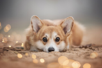 A cute red welsh corgi pembroke puppy with big eyes lying on a sandy beach among cozy burning...