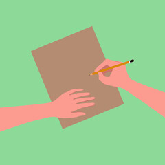 Illustrator draws, writes, paints. Artist holds the pencil. Hands, paper, workspace. Top view. Green background. Vector simple illlustration.