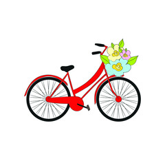 Red beautiful bike with a bouquet of flowers
