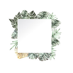 Rectangle Frame Watercolor Tropical leaves vector illustration