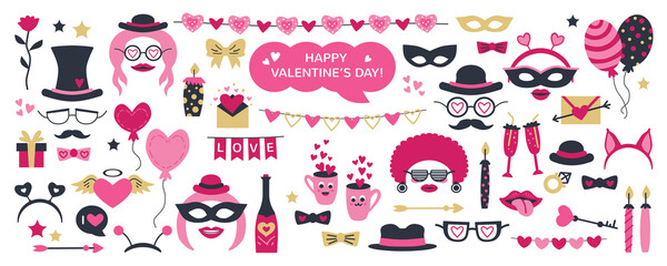 Cute Valentine Day photo booth props as set of party graphic elements of hearts, hats, mustaches, lips, costume as mask etc. Vector illustration. Vector illustration © Pictulandra