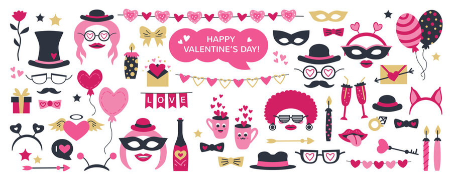 Cute Valentine Day photo booth props as set of party graphic elements of hearts, hats, mustaches, lips, costume as mask etc. Vector illustration. Vector illustration