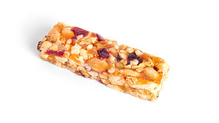 Granola bar with nuts and dried fruits isolated on a white background.