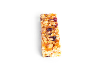 Granola bar with nuts and dried fruits isolated on a white background.