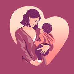 A young mother holds her son with care and love. Happy Mother's Day concept with mom and small boy. Vector illustration. Greeting Card.