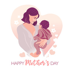 A young mother holds her son with care and love. Happy Mother's Day concept with mom and small boy. Vector illustration. Greeting Card.