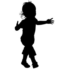 Black silhouette of little girl in short pants in sandals with long hair