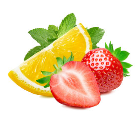 Lemon, strawberry and mint leaves isolated on white background.