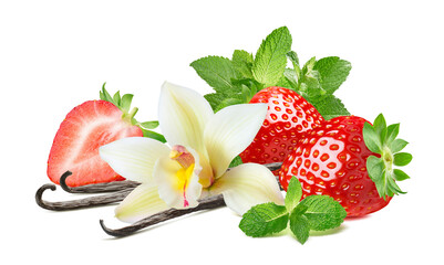 Strawberry, vanilla and mint leaves isolated on white background