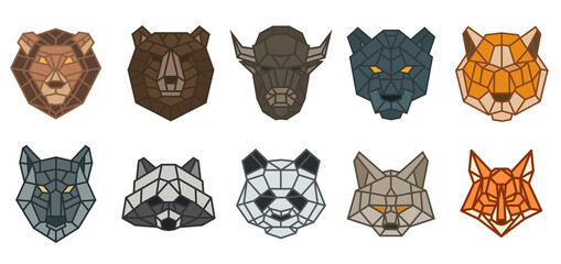 Set of animal head from lines in geometric polygonal style isolated on white color. Bear, bison, panther, panda, cat, lion, fox, wolf, tiger, raccoon. Modern graphic design element. Vector art. © cgterminal