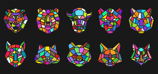 Set of animal head from lines in geometric polygonal style isolated on black color. Bear, bison, panther, panda, cat, lion, fox, wolf, tiger, raccoon. Modern graphic design element. Vector art. © cgterminal