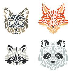 Set of animal head from particles or leaves in ornamental decorative colorful style isolated on white color. Cat, fox, raccoon, panda. Modern graphic design element. Vector illustration.
