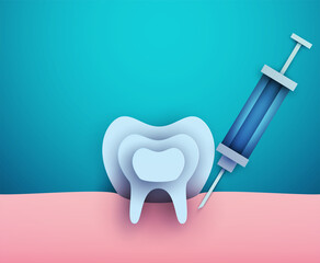 White tooth with anesthesia injection in modern creative style. Minimalistic design concept. Healthcare medical composition art element. Paper cut layer vector illustration.