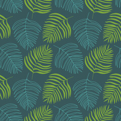 Fototapeta na wymiar Vector tropical palm leaves in bright green and blue outlines. Elegant and sophisticated seamless pattern, perfect for fashion, textiles, wallpaper, product packaging.