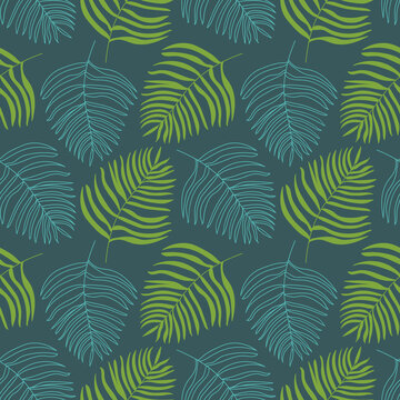Vector tropical palm leaves in bright green and blue outlines. Elegant and sophisticated seamless pattern, perfect for fashion, textiles, wallpaper, product packaging.