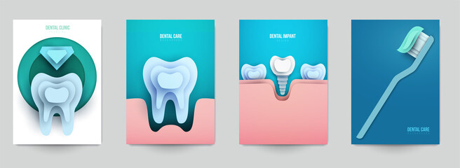 Set of dental concept covers for flyer, poster, banner in modern minimal style. Collection composition of background for design branding clinic, hospital. Geometric paper art vector illustration.