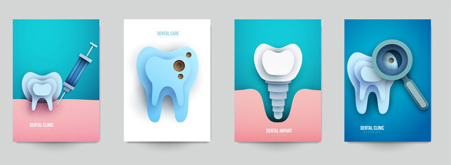 Set of dental concept covers for flyer, poster, banner in modern minimal style. Collection composition of background for design branding clinic, hospital. Geometric paper art vector illustration. - Powered by Adobe