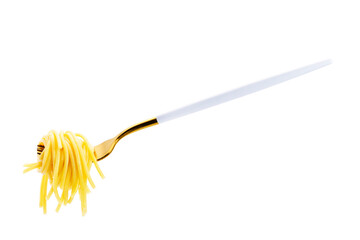 appetizing spaghetti scoop up with a fork isolated on a white background