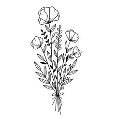 Floral bouquet. Outline drawing. Line vector illustration.  Isolated on white background. Design of invitations, wedding or greeting cards. 