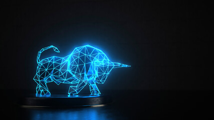 Three dimensional render of blue glowing wire-frame model of bull
