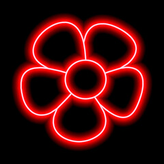 Neon red flower with petals on a black background. Simple illustration