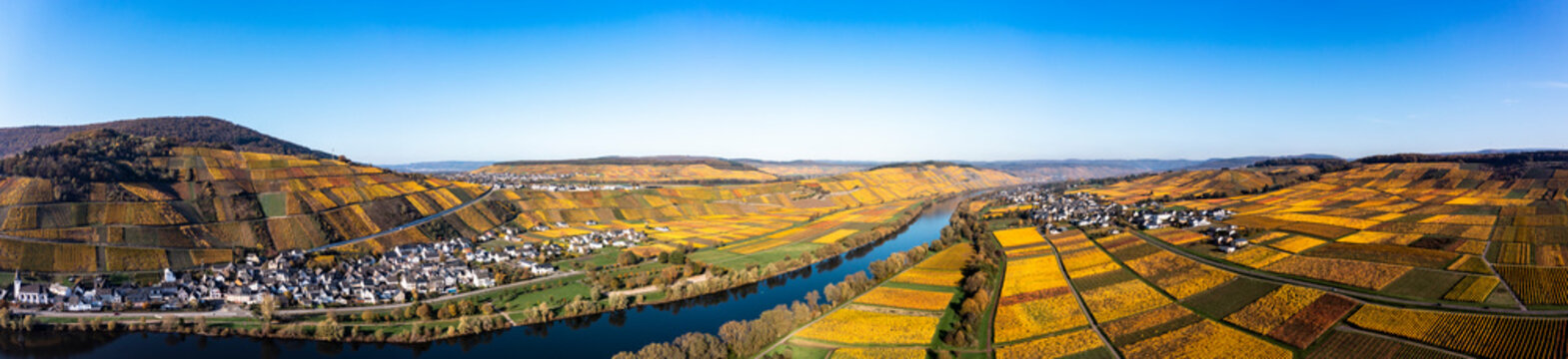 Germany, Rhineland-Palatinate, Helicopter panorama of Moselle river and surrounding vineyards in autumn