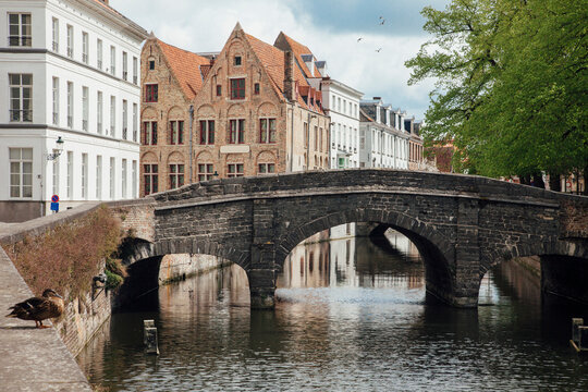 Belgium, West Flanders, Bruges, Augustijnenbrug arching over Augustijnenrei canal