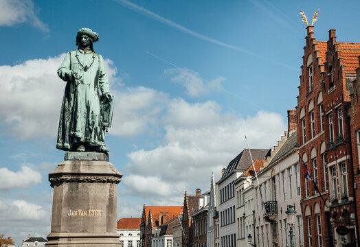Belgium, West Flanders, Bruges, Statue of Jan van Eyck