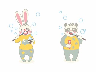 Fototapeta premium KIDS DENTAL, CUTE ANIMAL, BUNNY AND PANDA BRUSH THEIR TEETH, VECTOR ILLUSTRATION FOR KIDS PRODUCTS