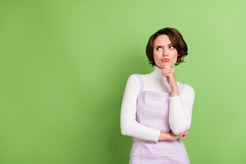 Photo portrait pretty woman looking copyspace thoughtful contemplated isolated pastel green color...