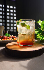 Menta mojito drink. A drink with a composition lime juice, mint leaves, mixed sugar and soda