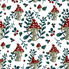 seamless pattern with amanita mushrooms and red berries, fern, leaves, branches, background with forest plants, stylized vector graphics