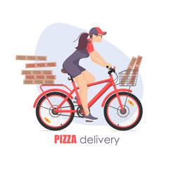 Girl, woman, courier on red bicycle, cycle, bike with delivery pizza box with blue spot on white background. Vector illustration for design, flyer, poster, banner, web, advertising.