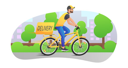 Yellow bicycle, cycle, bike with man, courier and delivery box on view of the city isolated on white background. Vector illustration for design, flyer, poster, banner, web, advertising.