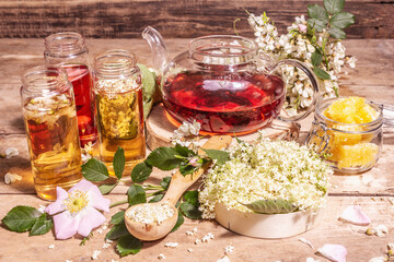 Assorted tea made from flowers. Fresh elderberry, rose hip, and acacia.