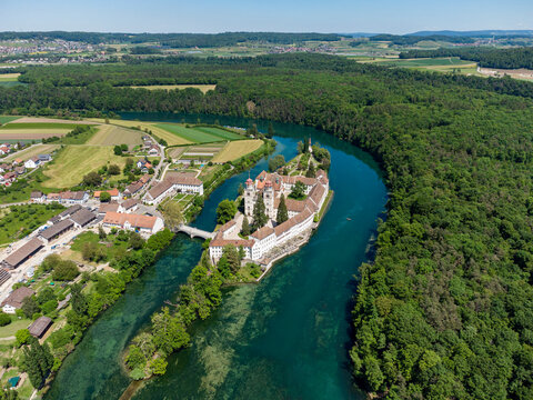 Switzerland, Canton of Zurich, Rheinau, Aerial view of�Rheinau Abbey and surrounding forest in summer