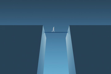 Three dimensional render of wireframe man crossing bridge between two cliffs