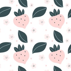 Cute seamless pattern with pink strawberries and hearts. Scandinavian style. Vector illustration.