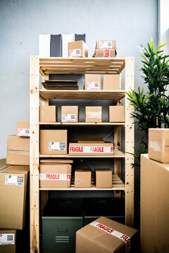 Packages on rack at distribution warehouse