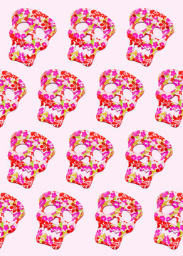 Pattern of rows of red skull masks decorated with floral print