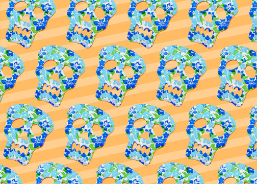 Pattern of rows of blue skull masks decorated with floral print