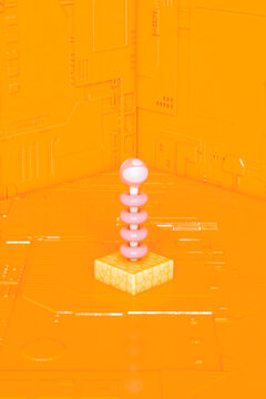 Three dimensional render of abstract board game piece standing against orange background