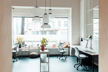 Pendant lights hanging in modern office