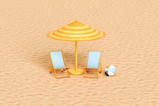 Beach umbrella, two empty deck chairs and beach ball on sandy beach