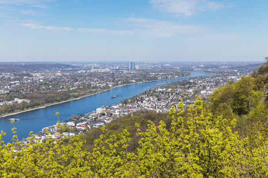 Germany, North Rhine Westphalia, View of Rhine river, Konigswinter, Bonn and Cologne seen from Drachenfels hill in spring