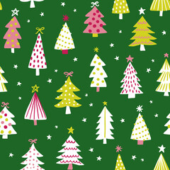 Colorful christmas seamless vector pattern with christmas trees in fun, bright colors and black. Winter design for gift wrap, scrapbooking, wallpaper, home decor, kids clothing, fabric. - 445413160