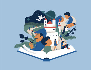 Open book story people imagination concept